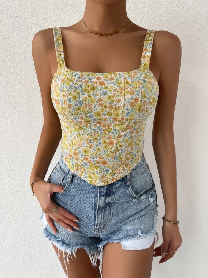 Allover Floral Print Shirred Back Top