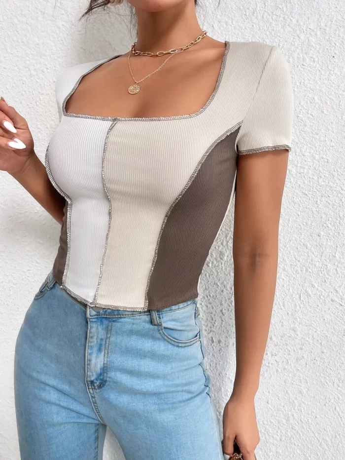 Color Block Contrast Top-stitching Tee