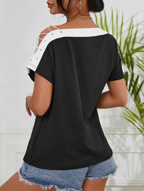 Contrast Trim Asymmetrical Neck Grommet Crisscross Batwing Sleeve Tee - Image 2