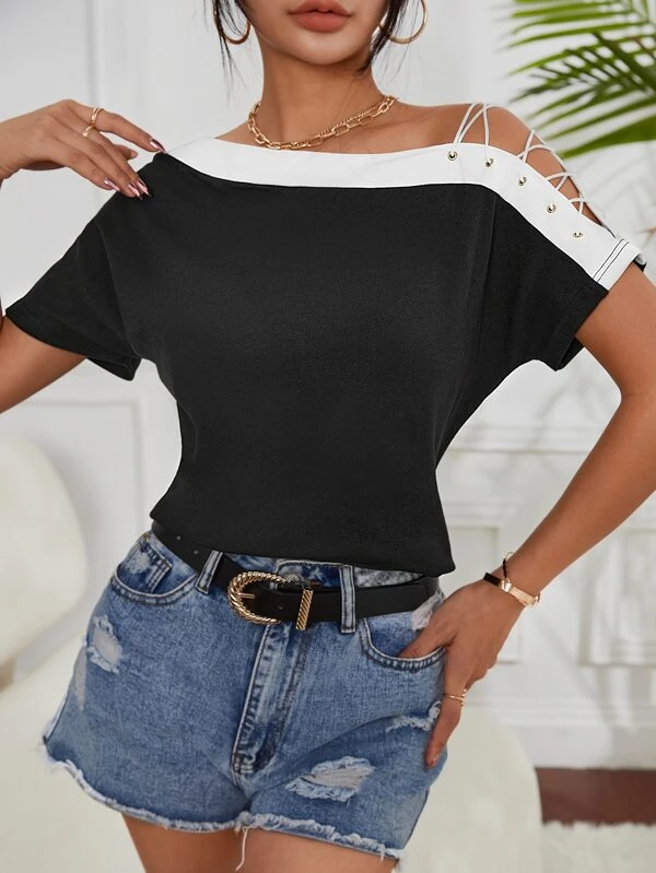 Contrast Trim Asymmetrical Neck Grommet Crisscross Batwing Sleeve Tee - Image 3