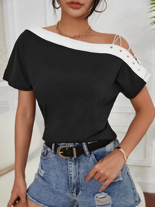 Contrast Trim Asymmetrical Neck Grommet Crisscross Batwing Sleeve Tee - Image 4