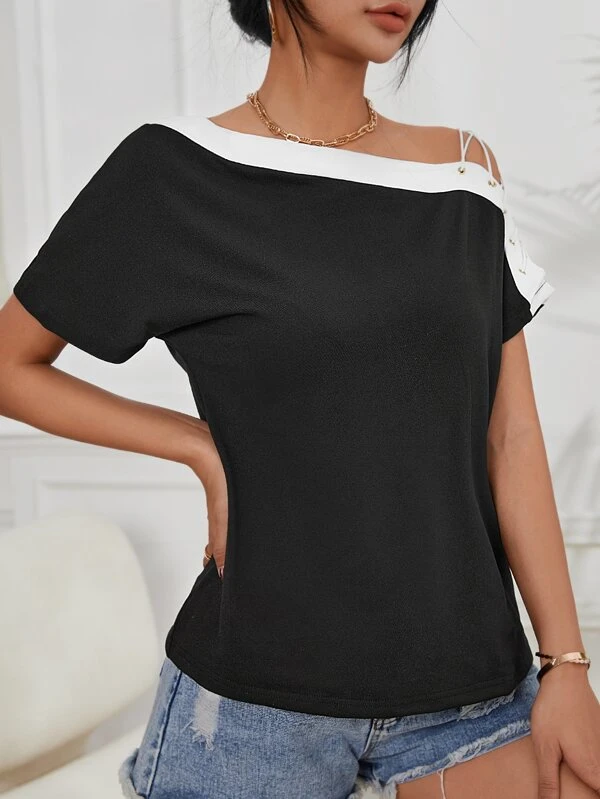 Contrast Trim Asymmetrical Neck Grommet Crisscross Batwing Sleeve Tee - Image 5