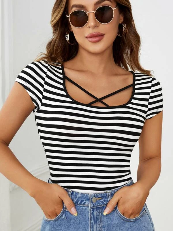 SHEIN Striped Criss Cross Scoop Neck Tee