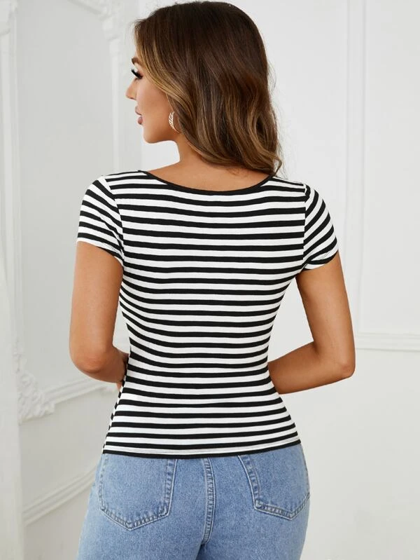 SHEIN Striped Criss Cross Scoop Neck Tee - Image 2