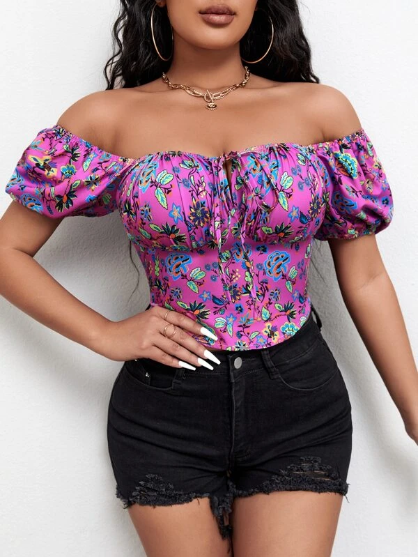 Floral Print Puff Sleeve Knot Front Blouse