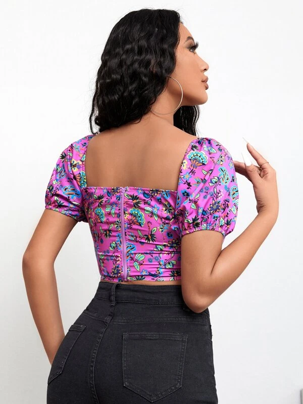 Floral Print Puff Sleeve Knot Front Blouse - Image 2