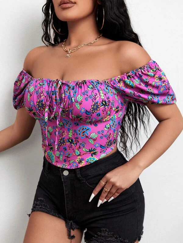 Floral Print Puff Sleeve Knot Front Blouse - Image 5