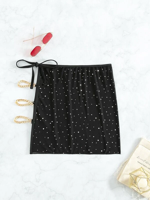 Rhinestone Cut Out Chain Detail Knot Side Cover Up - Image 2