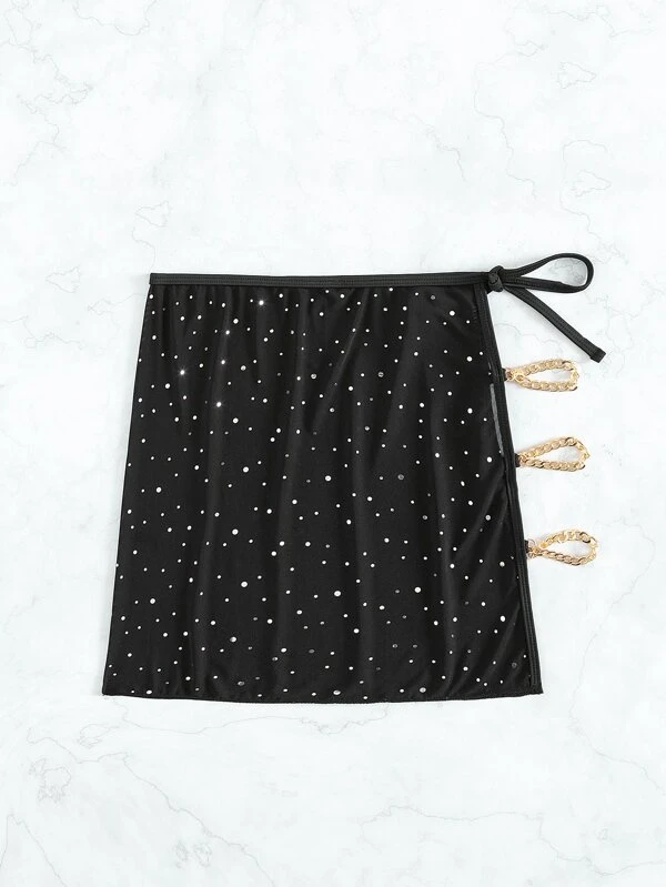 Rhinestone Cut Out Chain Detail Knot Side Cover Up - Image 3