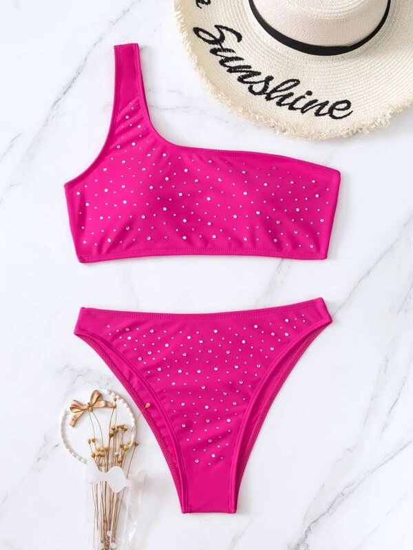 Rhinestone One Shoulder Bikini Swimsuit - Image 4