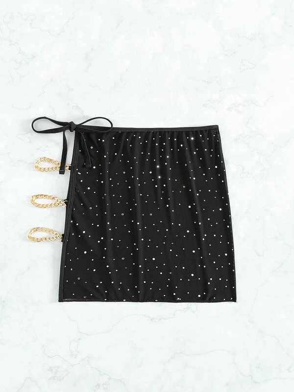 Rhinestone Cut Out Chain Detail Knot Side Cover Up - Image 5