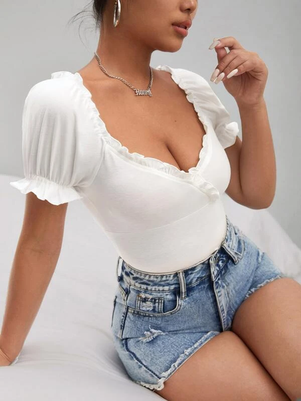 SHEIN Frill Trim Sweetheart Neck Puff Sleeve Tee - Image 2