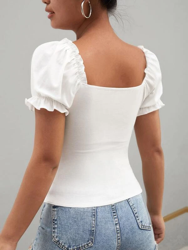 SHEIN Frill Trim Sweetheart Neck Puff Sleeve Tee - Image 3
