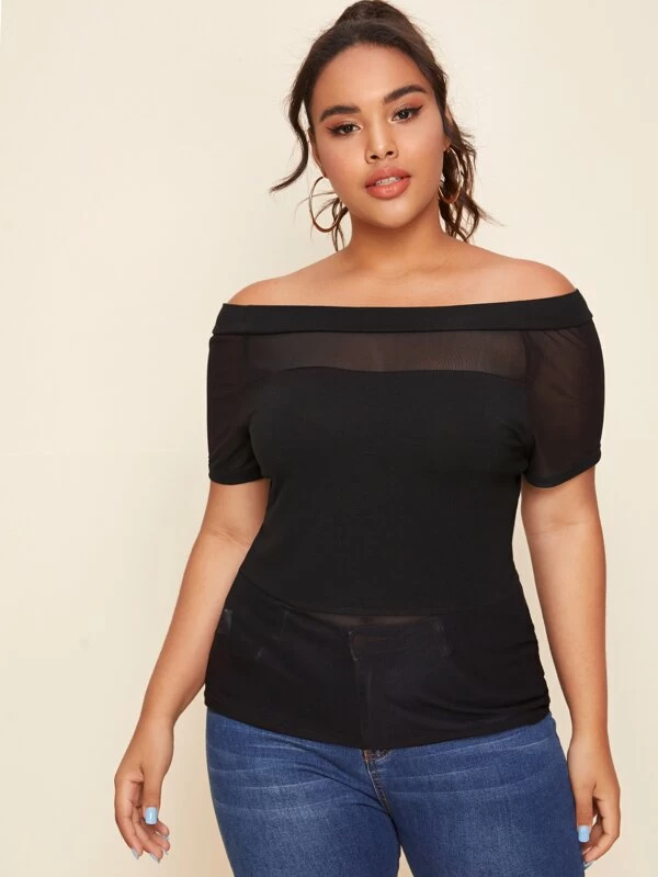 SHEIN Plus Sheer Mesh Insert Foldover Bardot Top - Image 4