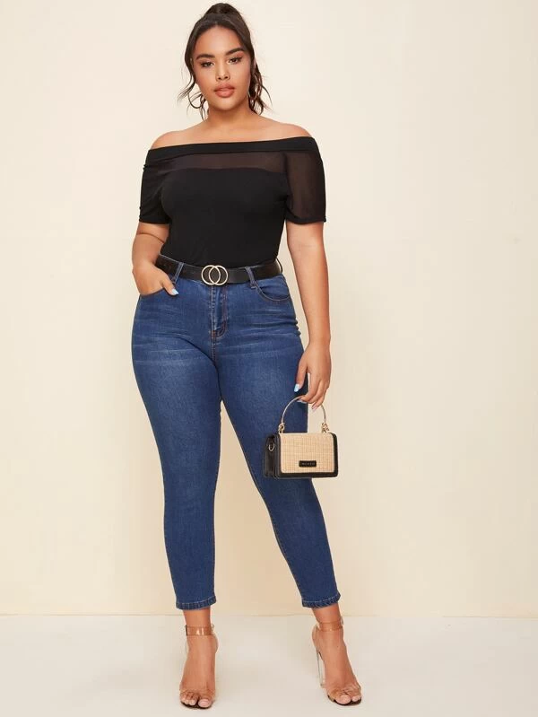 SHEIN Plus Sheer Mesh Insert Foldover Bardot Top - Image 5