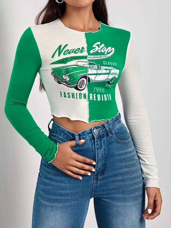 SHEIN Car & Letter Graphic Lettuce Trim Crop Tee - Image 5