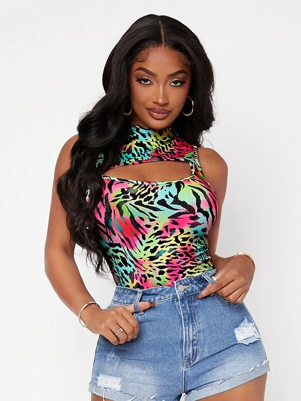 SHEIN SXY Allover Print Cut Out Mock Neck Tank Top