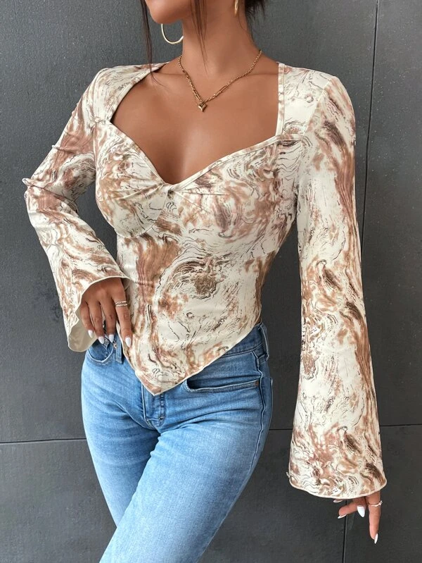 Marble Print Sweetheart Neck Hanky Hem Tee