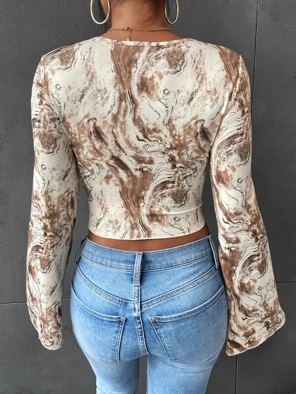 Marble Print Sweetheart Neck Hanky Hem Tee - Image 5