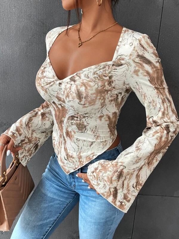 Marble Print Sweetheart Neck Hanky Hem Tee - Image 3