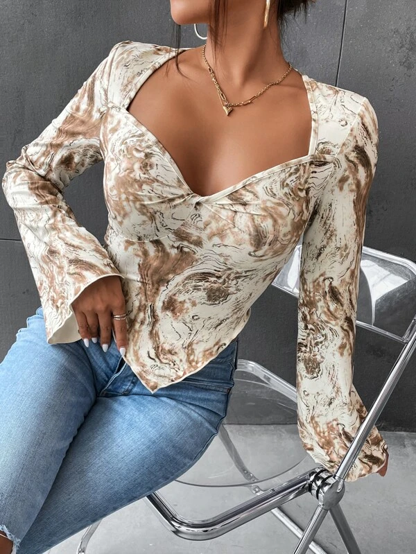 Marble Print Sweetheart Neck Hanky Hem Tee - Image 2