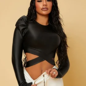 SHEIN SXY Gigot Sleeve Criss Cross Peekaboo Front Crop Tee