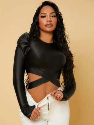 SHEIN SXY Gigot Sleeve Criss Cross Peekaboo Front Crop Tee