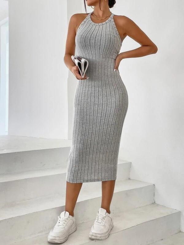 Solid Halter Neck Bodycon Dress - Image 3