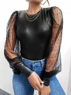 SHEIN Contrast Dobby Mesh Lantern Sleeve PU Leather Top