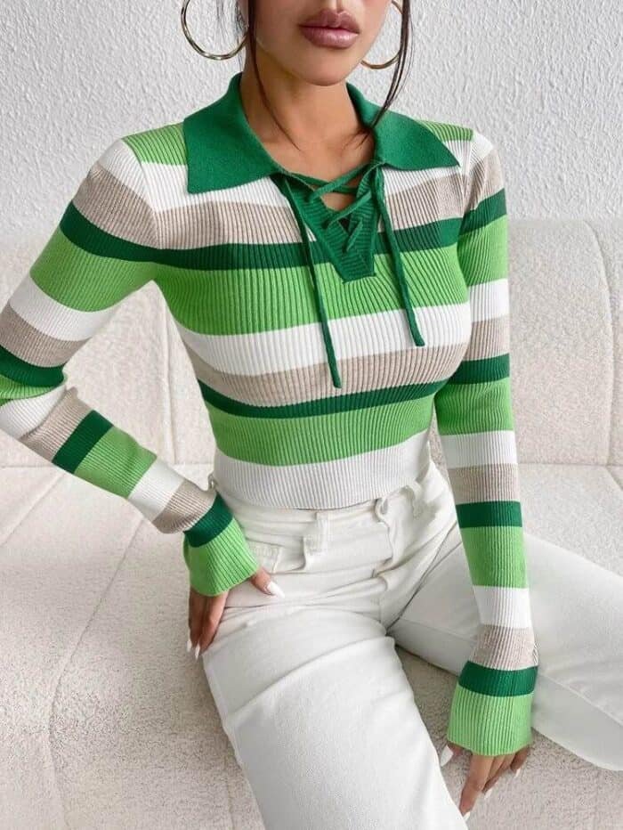 SHEIN EZwear Color Block Lace-up Front Sweater