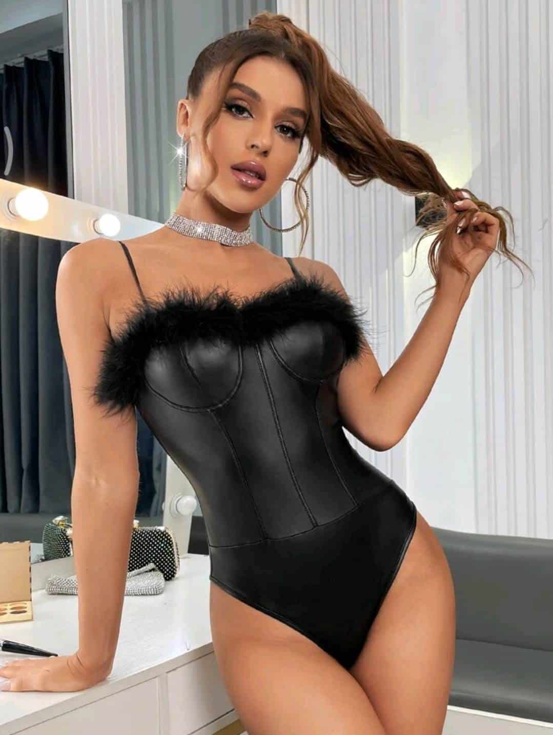 Fuzzy Trim Bustier PU Cami Bodysuit