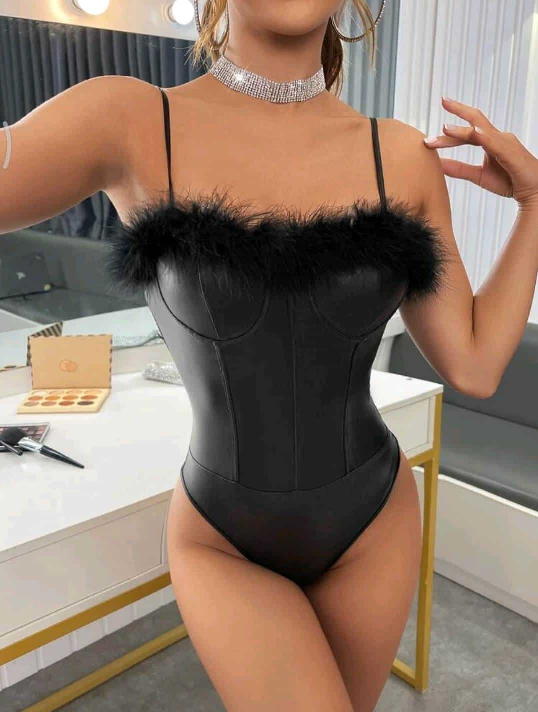 Fuzzy Trim Bustier PU Cami Bodysuit - Image 6