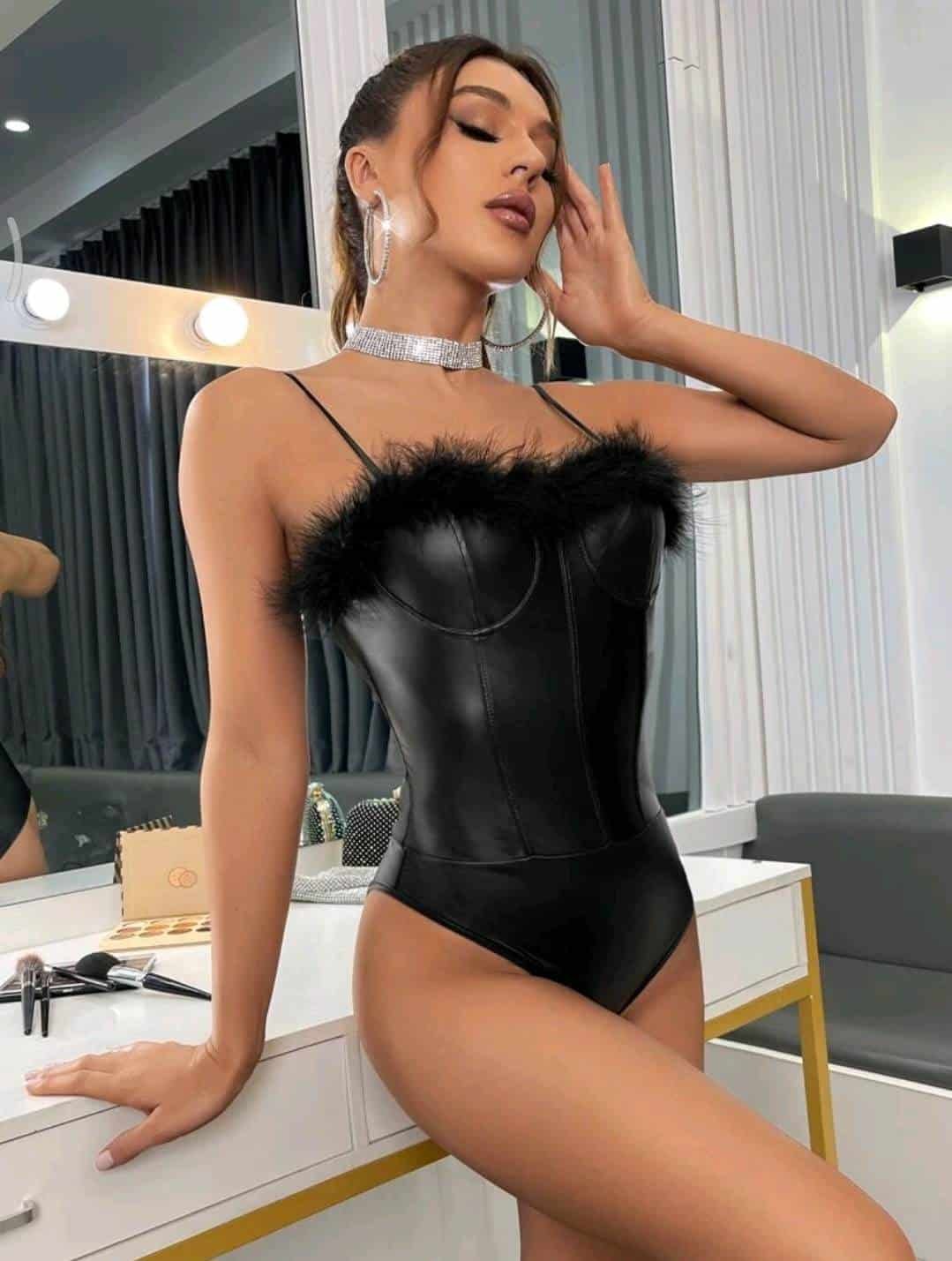 Fuzzy Trim Bustier PU Cami Bodysuit - Image 4