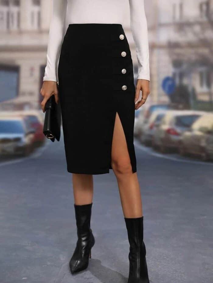 Button Detail Split Thigh Skirt