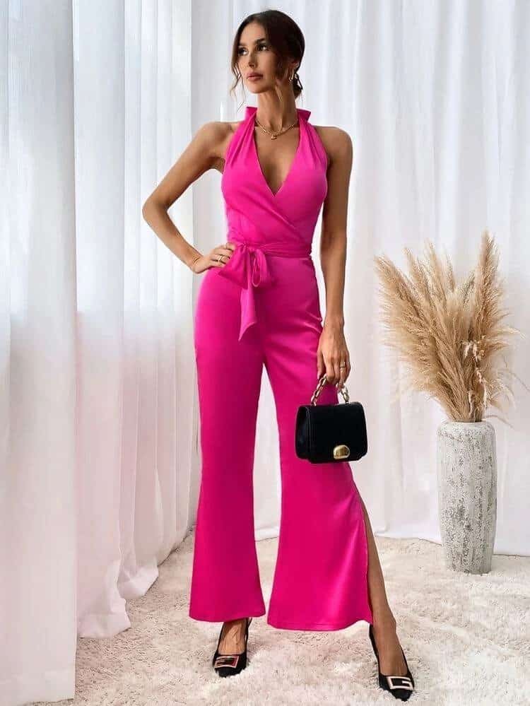 Backless Split Flare Leg Belted Halter Jumpsuit - Image 4