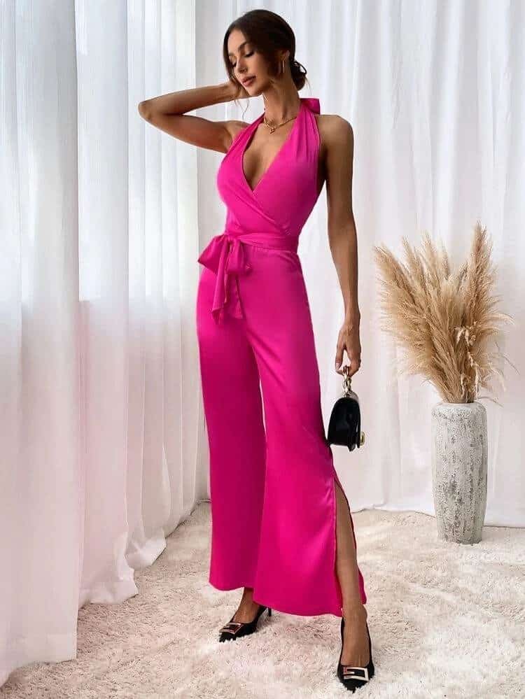 Backless Split Flare Leg Belted Halter Jumpsuit - Image 6
