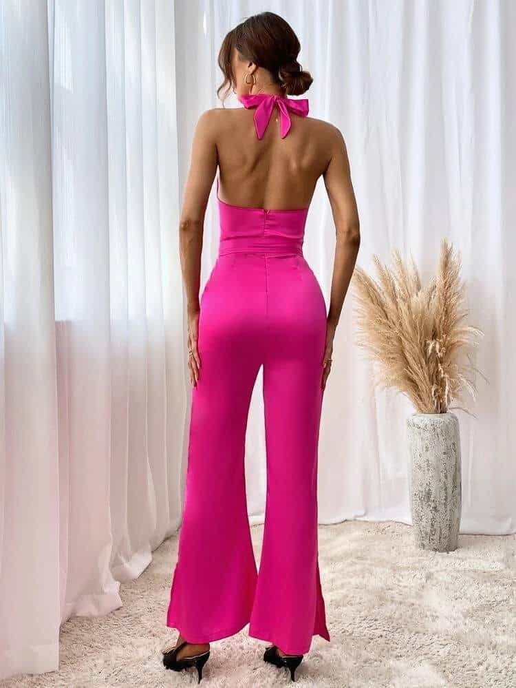 Backless Split Flare Leg Belted Halter Jumpsuit - Image 2