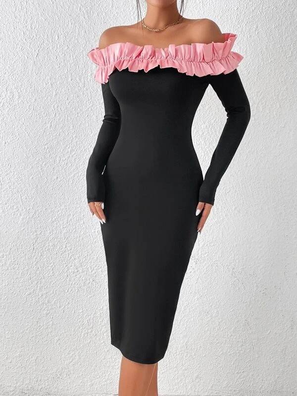 SHEIN BAE Off Shoulder Ruffle Trim Bodycon Dress