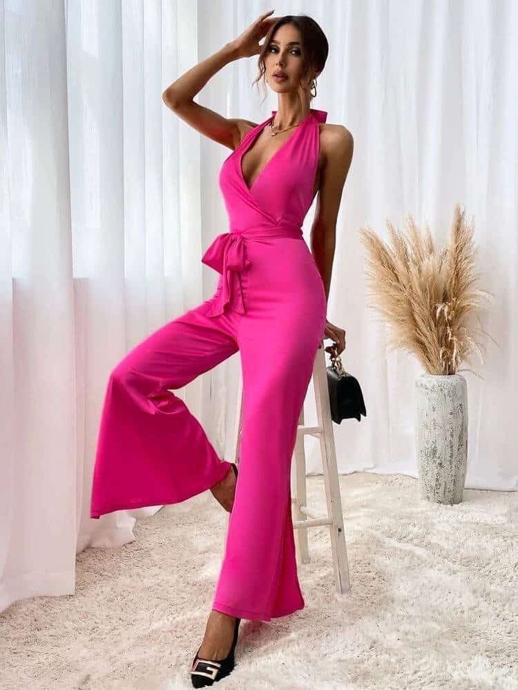 Backless Split Flare Leg Belted Halter Jumpsuit - Image 5