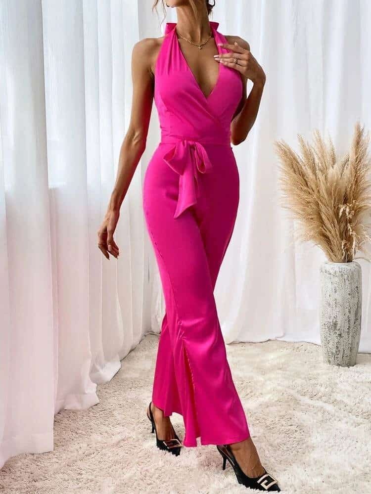 Backless Split Flare Leg Belted Halter Jumpsuit - Image 3