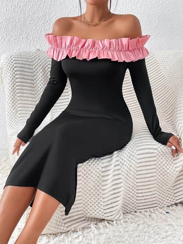 SHEIN BAE Off Shoulder Ruffle Trim Bodycon Dress - Image 4
