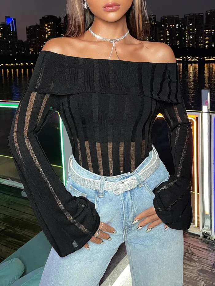 Off Shoulder Ruffle Trim Flounce Sleeve Sweater