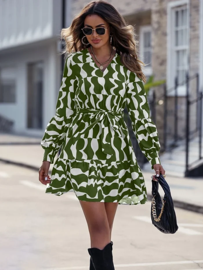 Allover Print Ruffle Hem Belted Dress