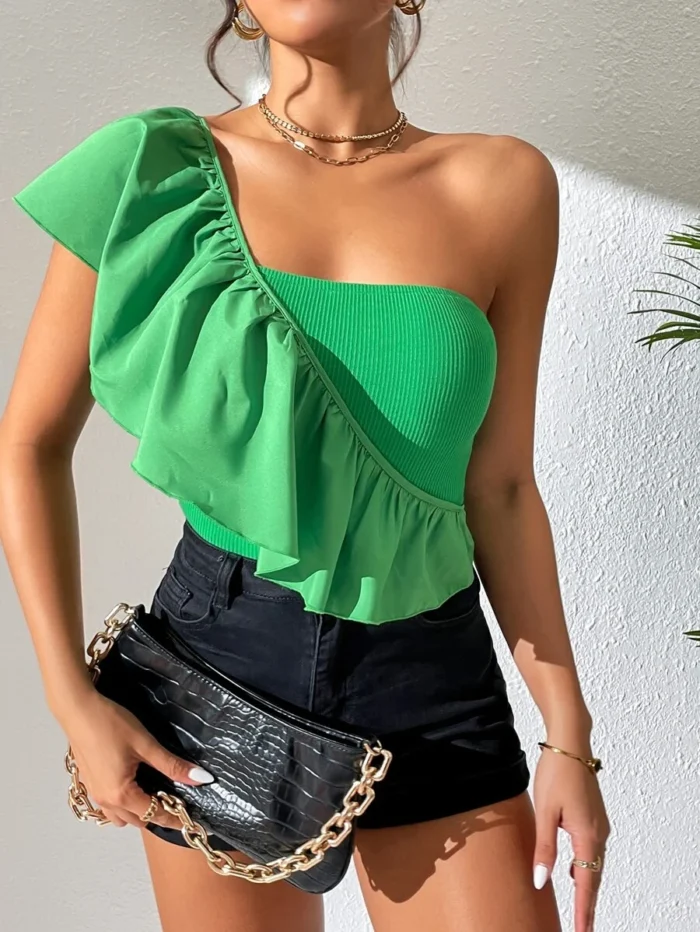 One Shoulder Exaggerated Ruffle Crop Top