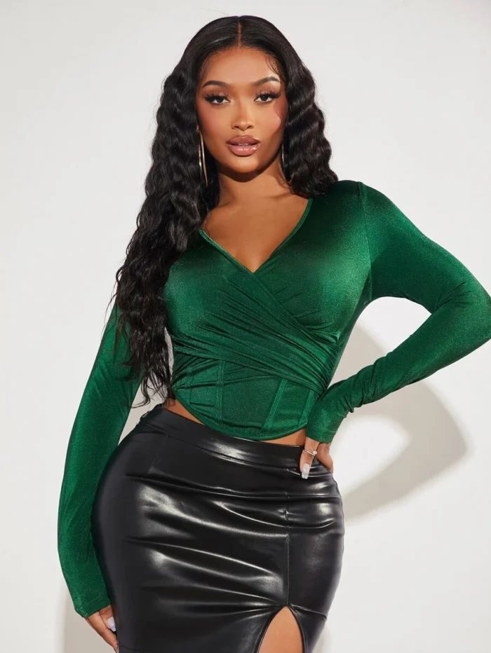 SHEIN SXY Ruched Front Velvet Crop Tee