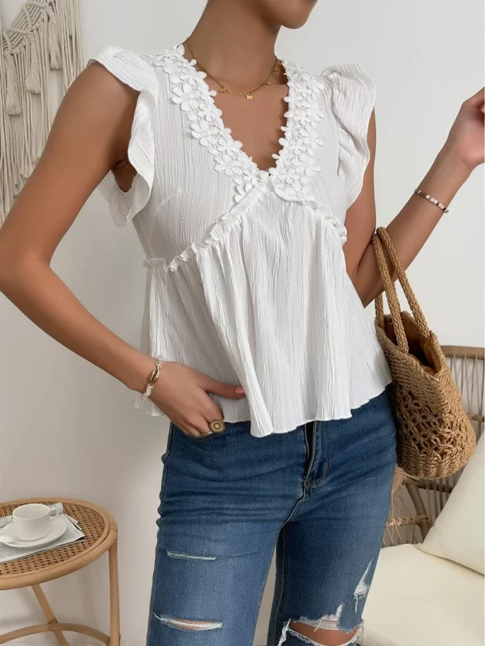 Guipure Lace Appliques Butterfly Sleeve Peplum Blouse