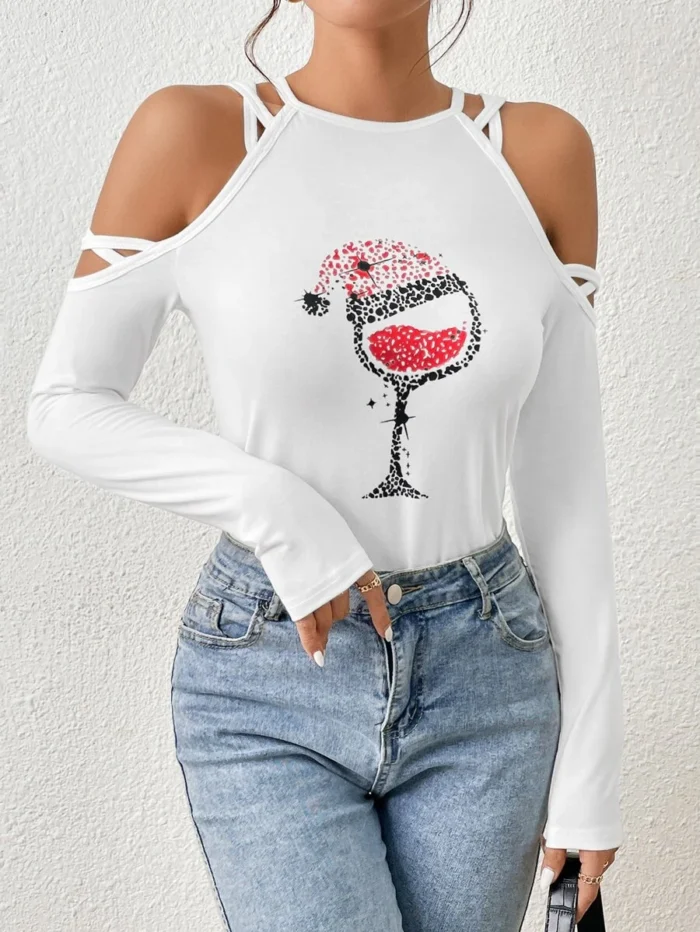 SHEIN Unity Wine Glass Print Cold Shoulder Tee