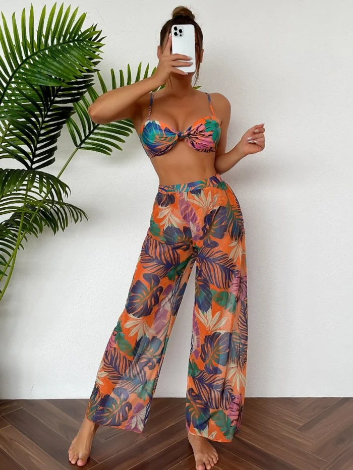 3pcs Tropical Print High Cut Bikini Swimsuit With Cover Up