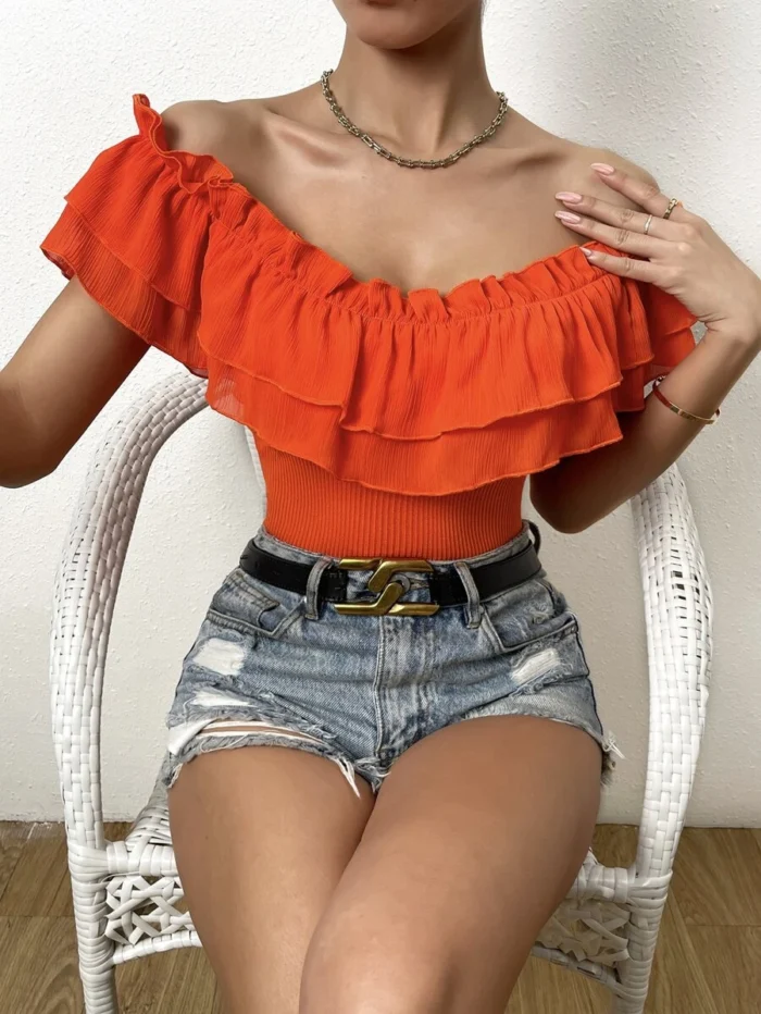 Off Shoulder Ruffle Trim Tee