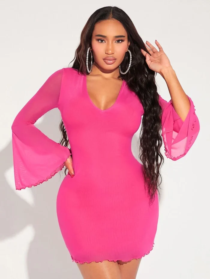 SHEIN SXY Trumpet Sleeve Lettuce Trim Bodycon Dress